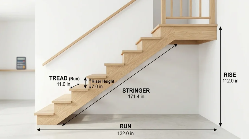 Stair calculator showing rise, run, tread and stringer measurements