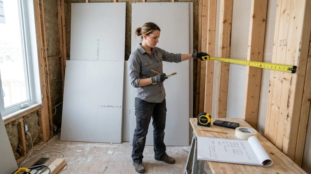 Contractor measuring a room to calculate how many sheets of drywall are needed