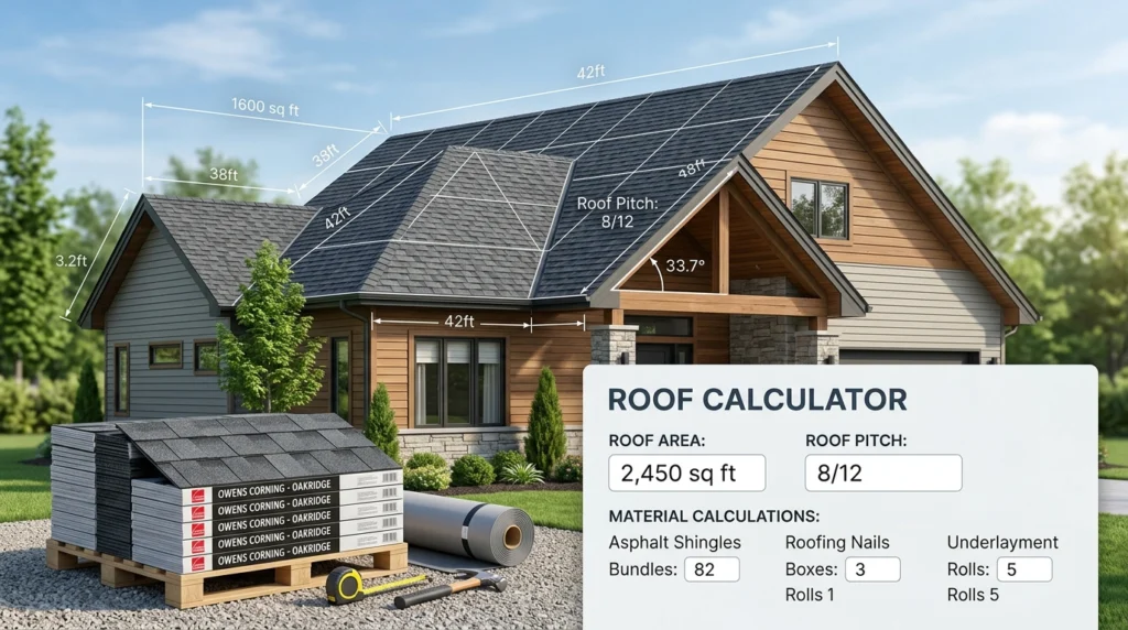 Roof calculator for calculating roof area, pitch, and roofing materials