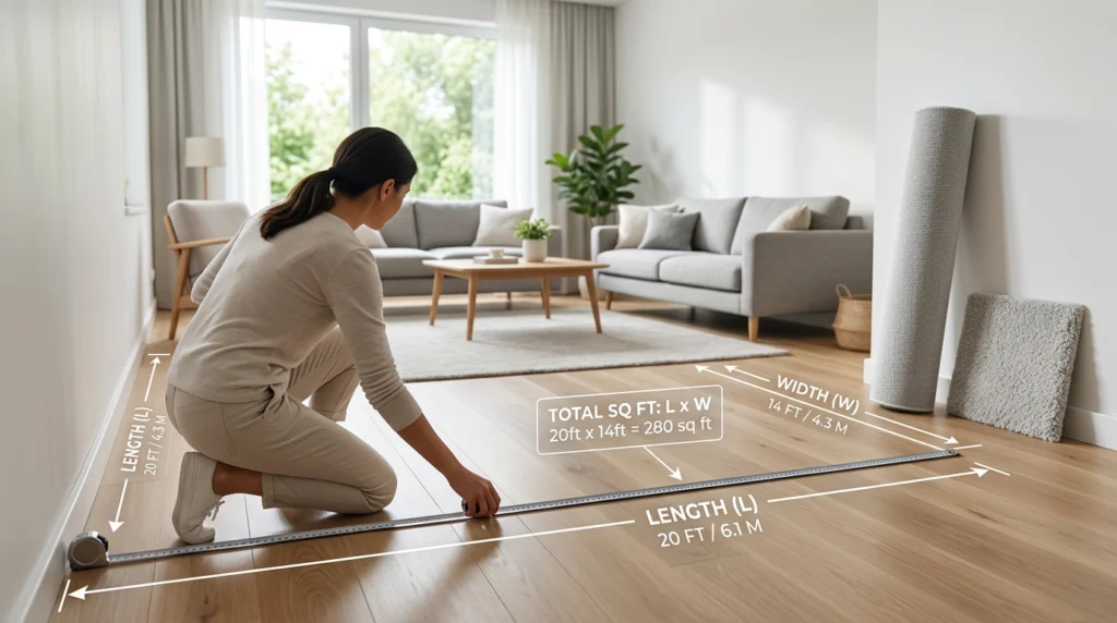 Person measuring a room floor for carpet with a measuring tape